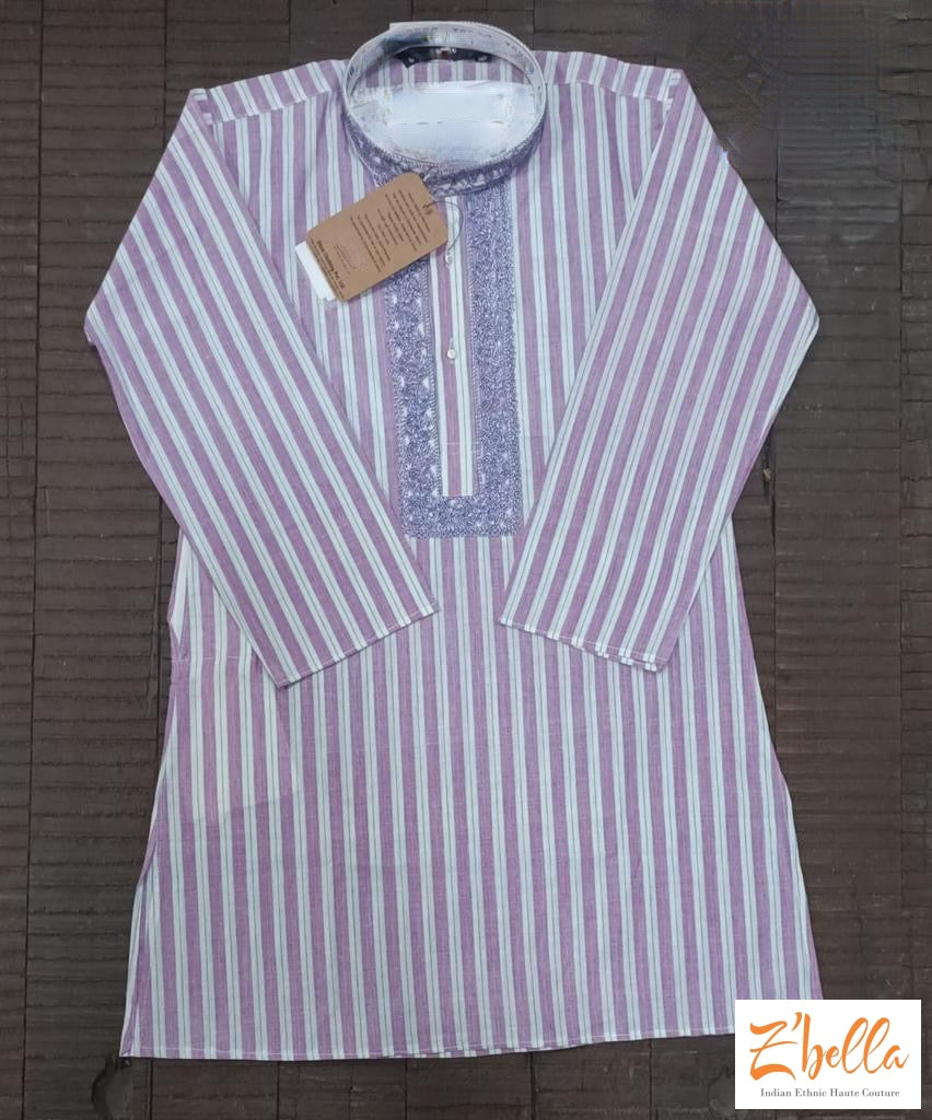 White And Lilac Striped Cotton Kurta With Embroidary Bottom Boy Kids Set