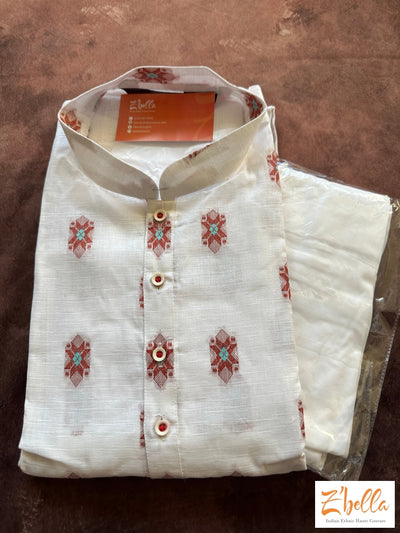 White Cotton Long Kurta With Burnt Orange Weaved Design Bottom Kurta